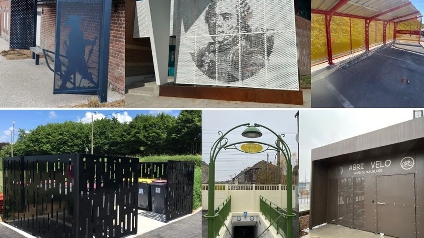 Abri de bus et brise‑vue en tôle perforée thermolaquée, local poubelles, portique et abri à vélos